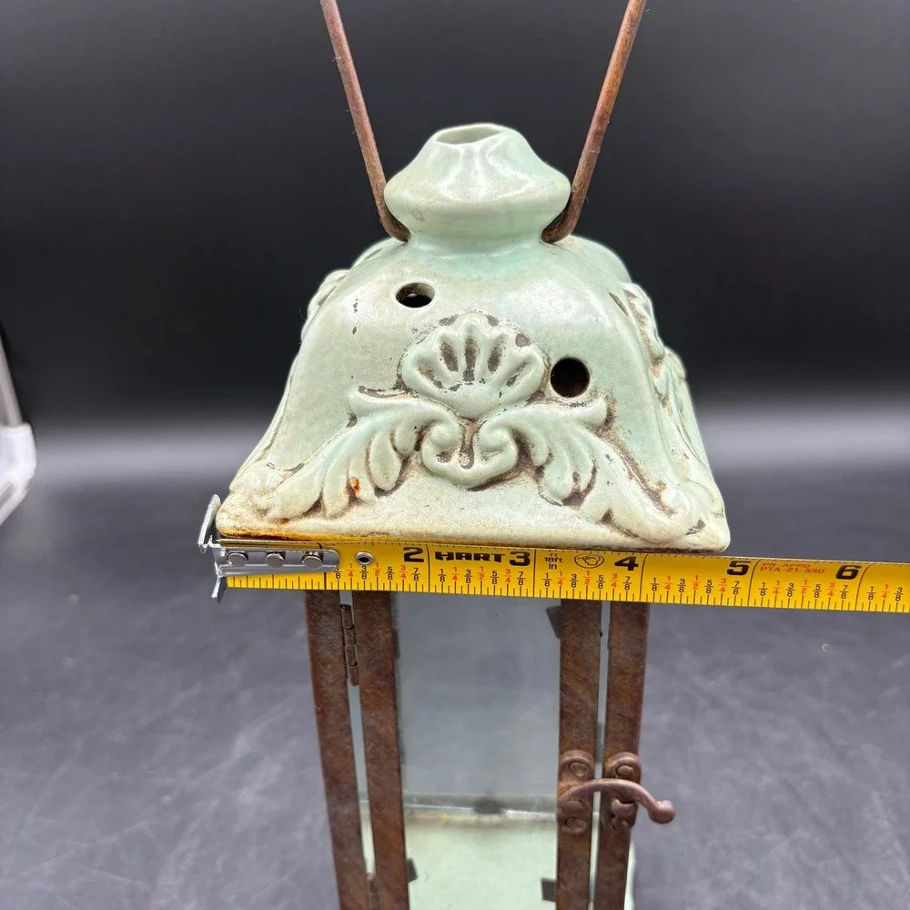 Vtg Heavy Sage Green Ceramic and Metal Glass Candle Lantern Rustic Decor Patina